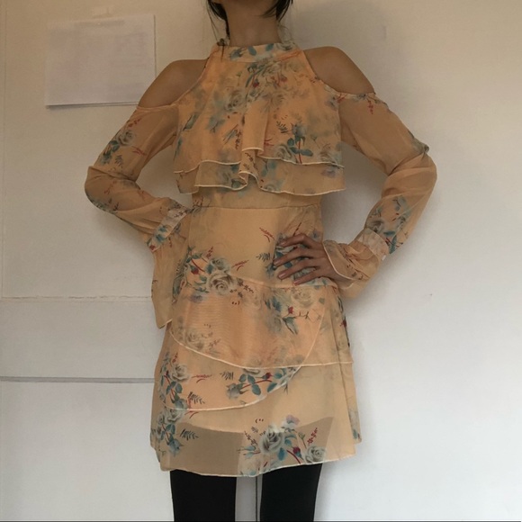 Long-Sleeve Cold Shoulder Yellow Floral Dress - Picture 2 of 4